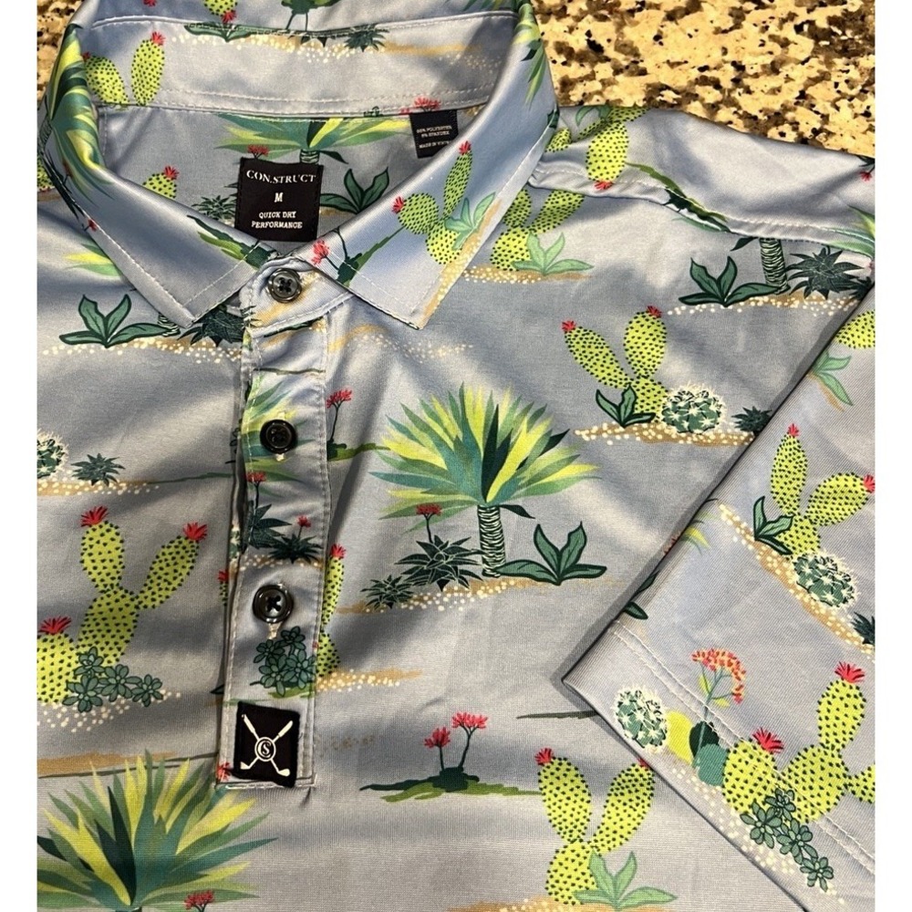 Construct Polo Shirt Mens Blue Cactus Desert Print Quick Dry Golf Performance M